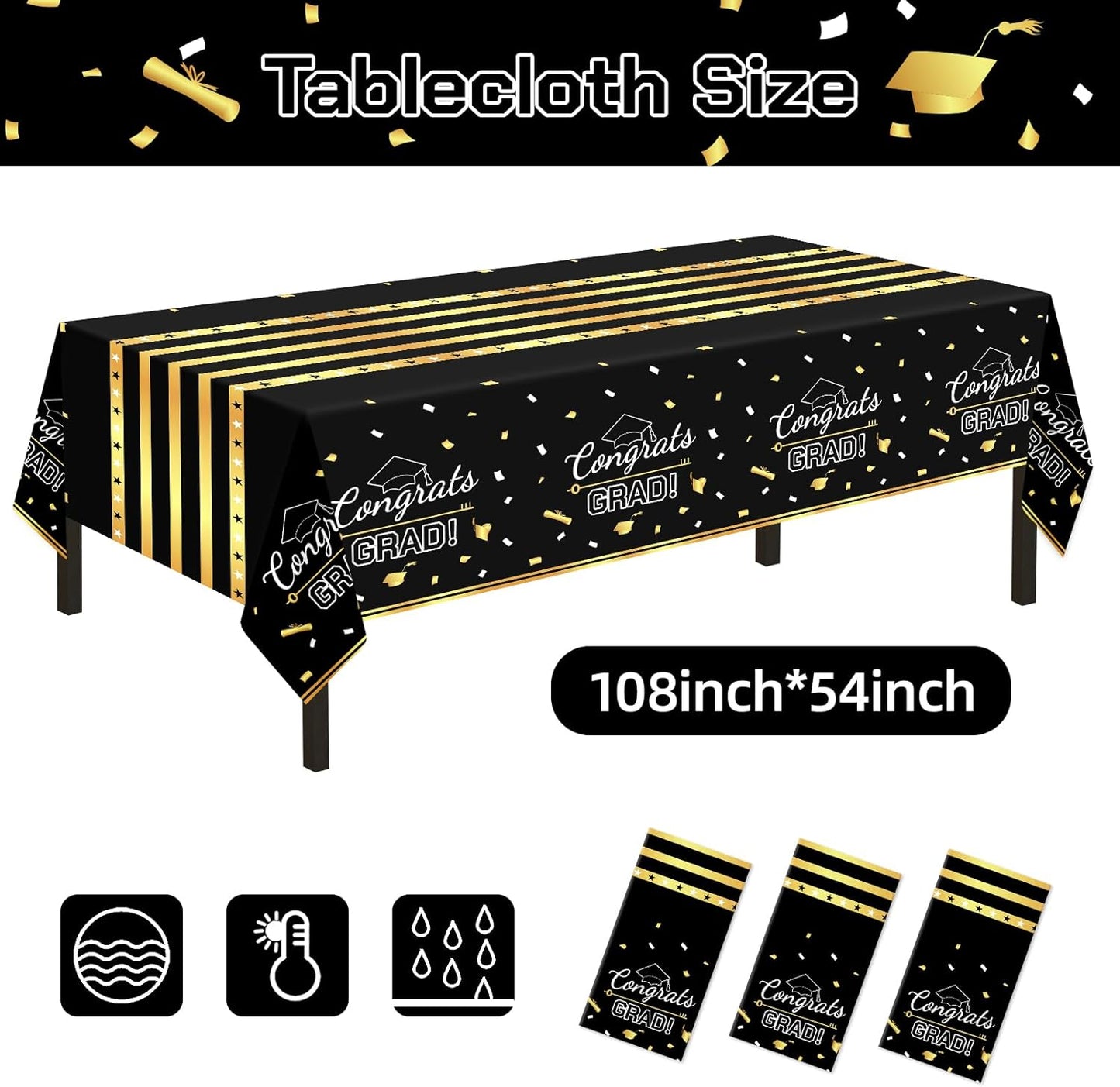 Childom 3 Pack Graduation Tablecloth,Graduation Decorations Class of 2026 Graduation Party Decorations,54"x108" Black and Gold Plastic Table Cloth Disposable Rectangle for Home,School,Party Supplies