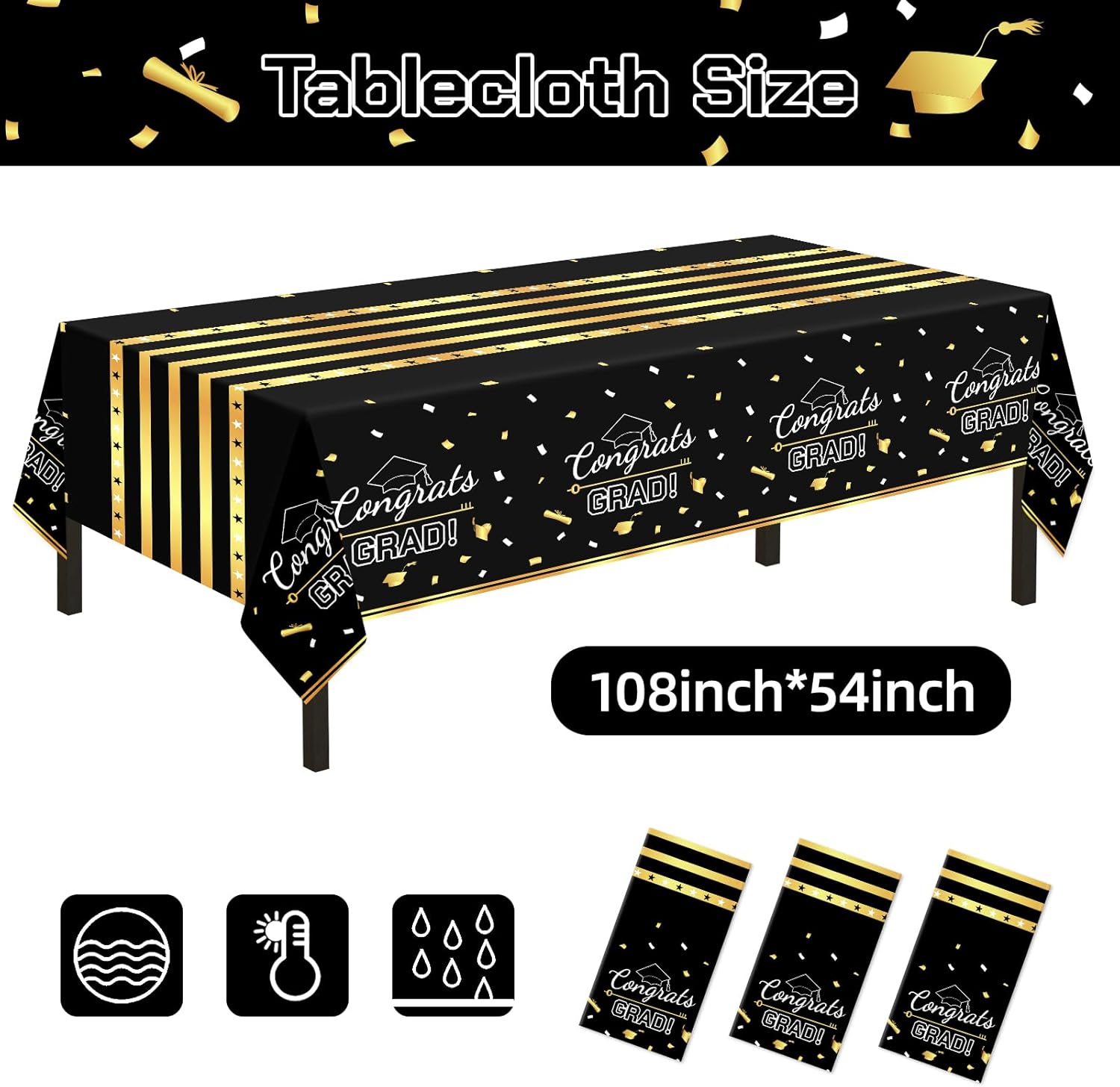 Childom 3 Pack Graduation Tablecloth,Graduation Decorations Class of 2026 Graduation Party Decorations,54"x108" Black and Gold Plastic Table Cloth Disposable Rectangle for Home,School,Party Supplies
