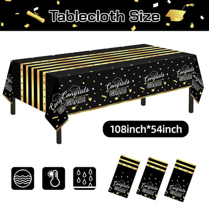 Childom 3 Pack Graduation Tablecloth,Graduation Decorations Class of 2026 Graduation Party Decorations,54"x108" Black and Gold Plastic Table Cloth Disposable Rectangle for Home,School,Party Supplies