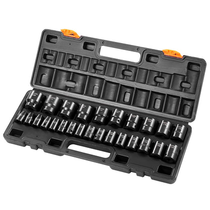 VEVOR 91-Piece 1/2" Drive Impact Socket Set, SAE (5/16" to 1-1/4") & Metric (8 to 32 mm), CR-V, Deep & Shallow, 6 Point, Ratchet Handle, Universal Joint, Adapters, Extension Bars (3, 5, 10 in)