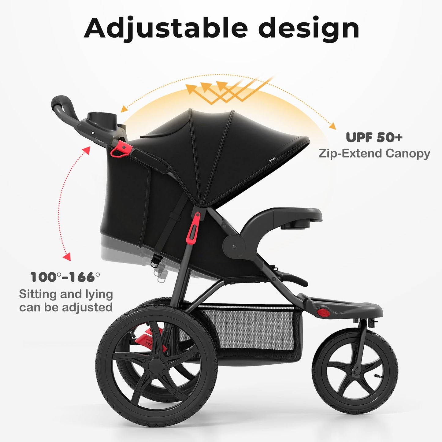INFANS Jogging Stroller, Foldable Jogger with Air-Filled Tires Shock Absorbing Suspension Adjustable Backrest, Baby Running Strollers