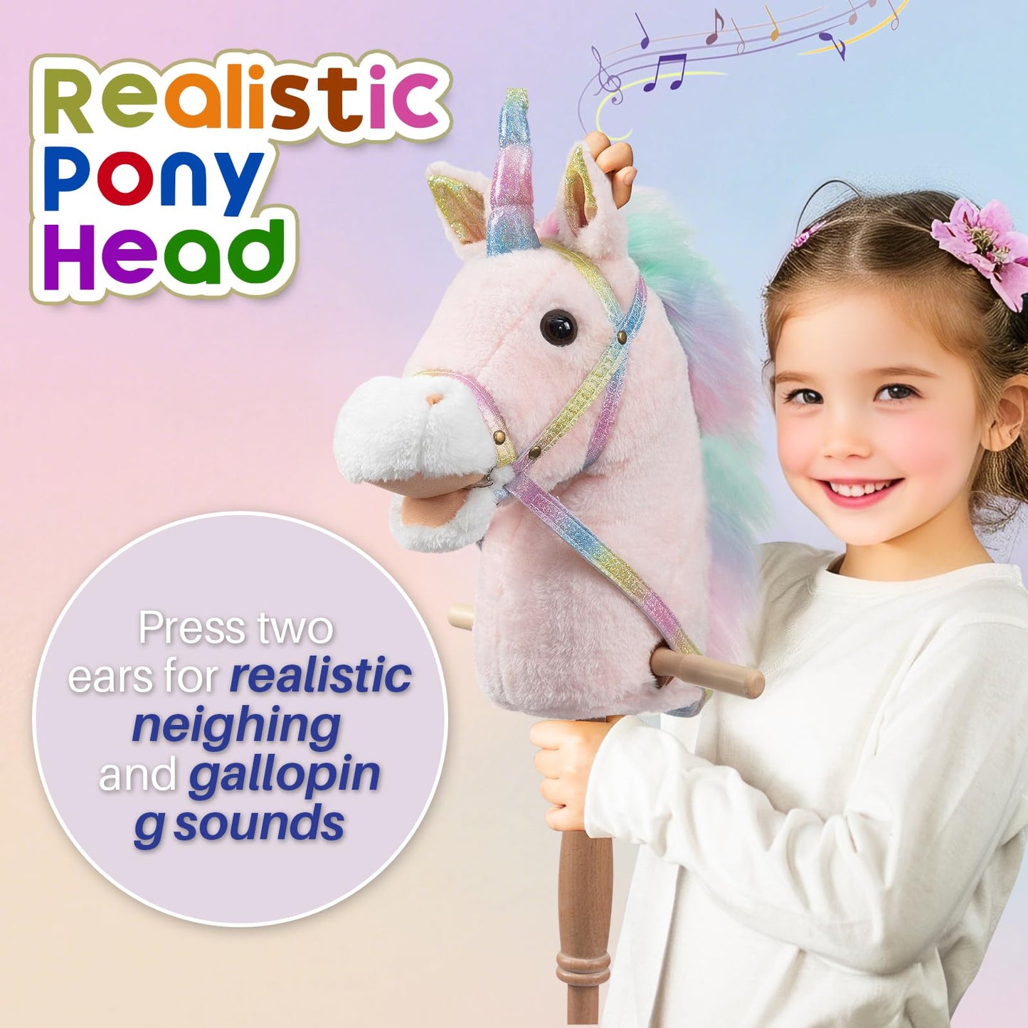 HollyHOME Plüsch Einhorn Steckenpferd mit Holzrädern Echten Pony Wiehern und Galoppieren Geräuschen Plüschtier Rosa 94 cm (AA Batterien Benötigt)