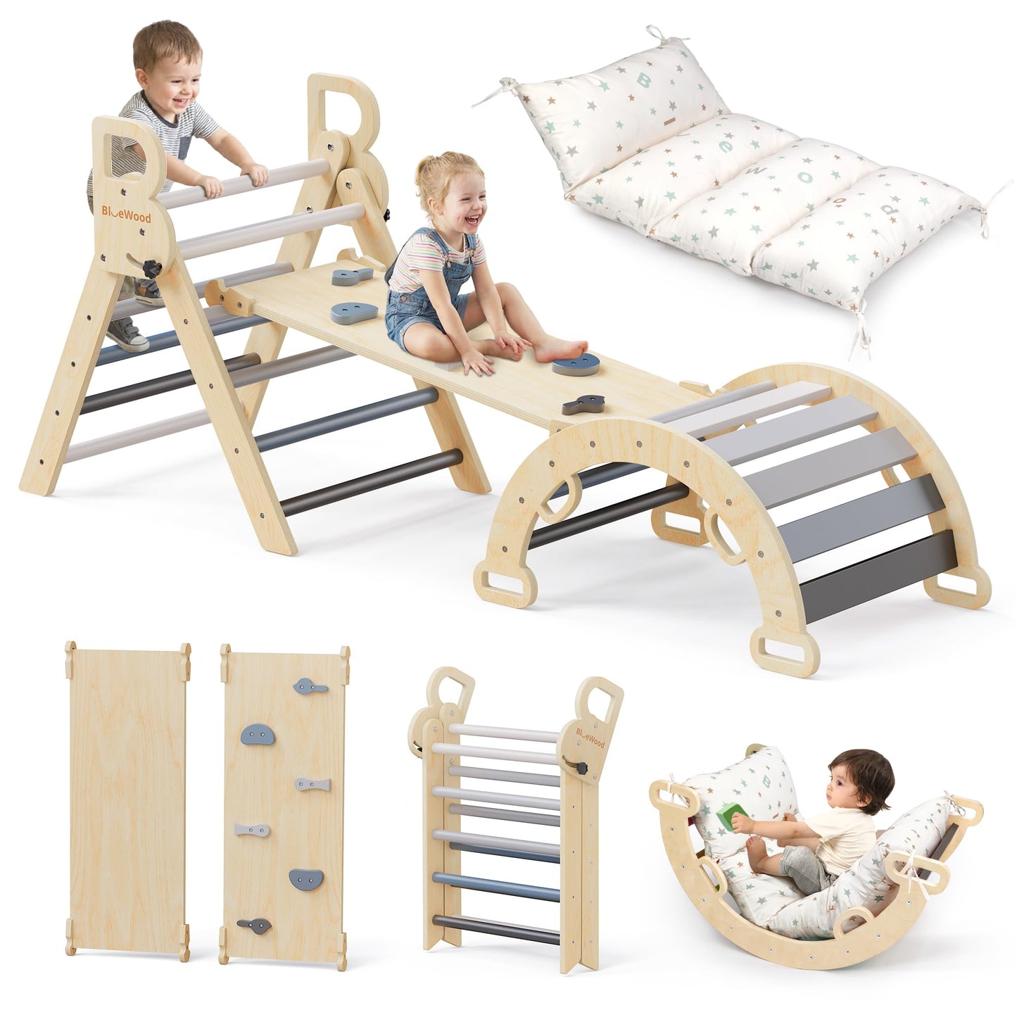 BlueWood Pikler Triangle Set with Cushion, 8-in-1 Climbing Toys for Toddlers, Montessori Philosophy Play Jungle Gym with Arch, Ramp, Ladder(Natural Wood)