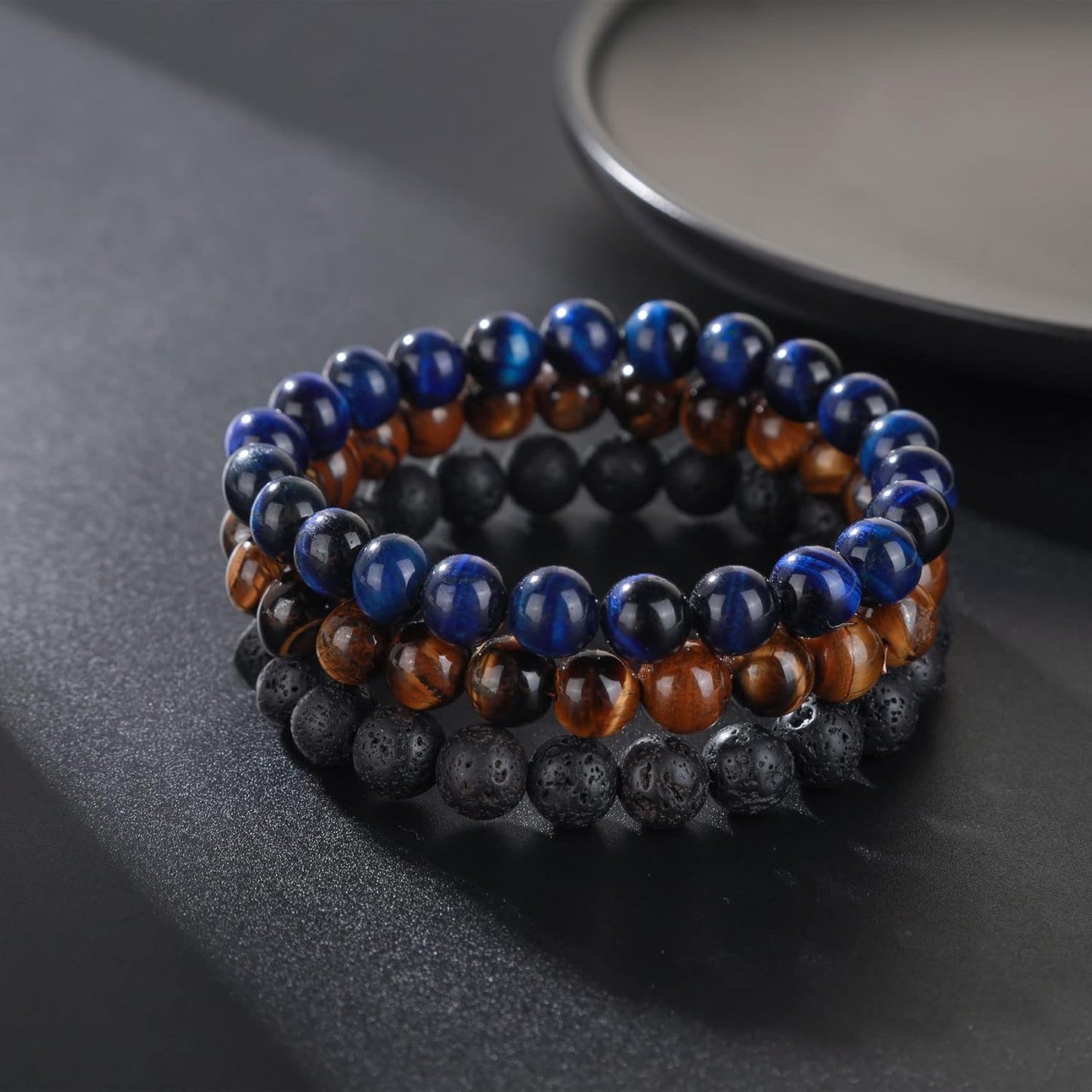 Tigerauge Armband für Herren 8MM Natursteinperlen Armband Set Stretch Lava Stein Armbänder Verstellbares Schwarzes Kristallperlenarmband für Herren Damen Geschenke