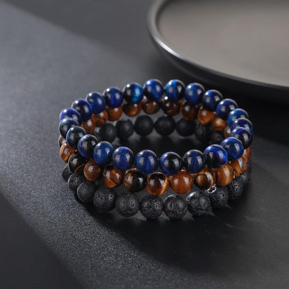 Tigerauge Armband für Herren 8MM Natursteinperlen Armband Set Stretch Lava Stein Armbänder Verstellbares Schwarzes Kristallperlenarmband für Herren Damen Geschenke