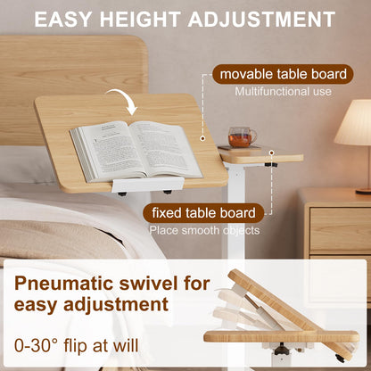 Solid Wood Overbed Bedside Table with Wheels, Tilting Adjustable Hospital Bed Table Over The Bed, Medical Mobile Laptop Stand, Rolling Standing Desk for Hospital and Home Use(Walnut)