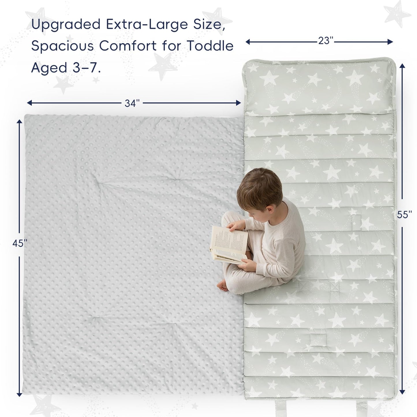 PHF Toddler Nap Mat with Removable Pillow and Minky Blanket, Rollup Design Kids Sleeping Mat, Slumber Bags for Boys, 55"x23" Toddler Sleeping Bag for Daycare Preschool Travel Camping, Space