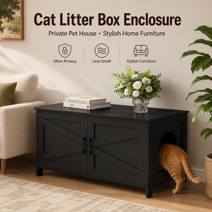 Homhedy Cat Litter Box Enclosure, Wooden Cat Washroom Furniture with Barn Door, Pet House, Fit Most of Litter Box, White
