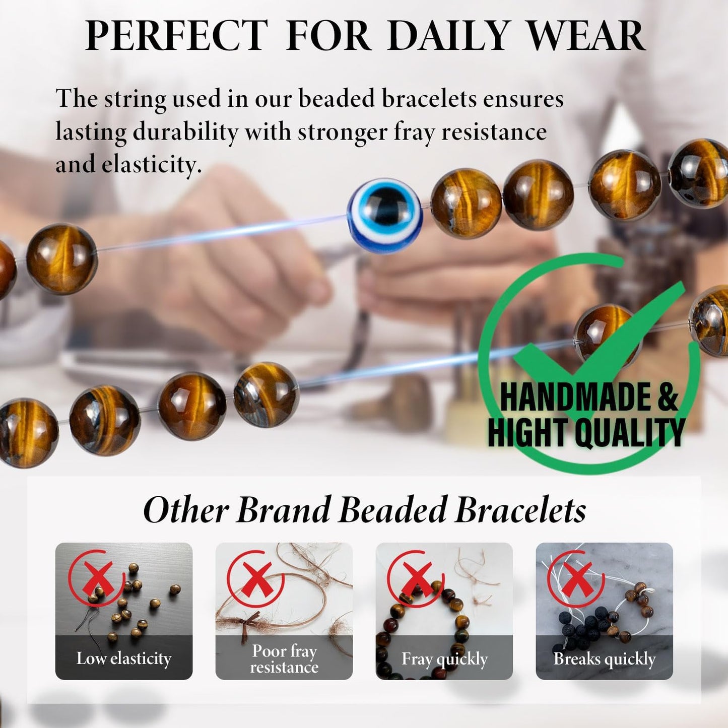 6 mm Böses Auge Armband aus schwarzen Kristallen – verstellbares Set aus Natursteinen für Herren und Damen, Schutzamulett als Geschenk für den Alltag/Geburtstag/Jahrestag