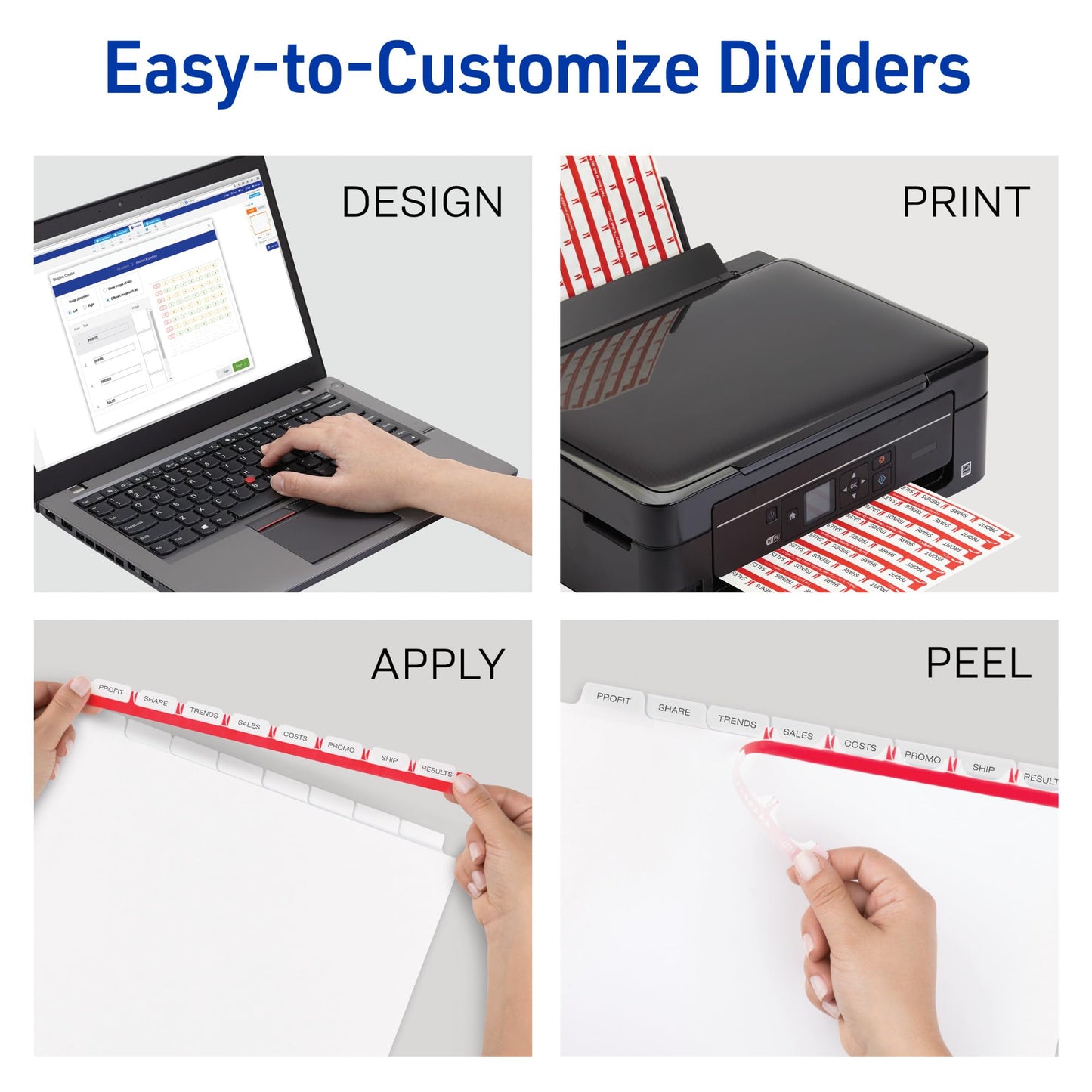 Avery 5 Tab Dividers for 3 Ring Binder, Easy Print & Apply Clear Label Strip, Index Maker Customizable White Tabs, 50 Sets (11556)