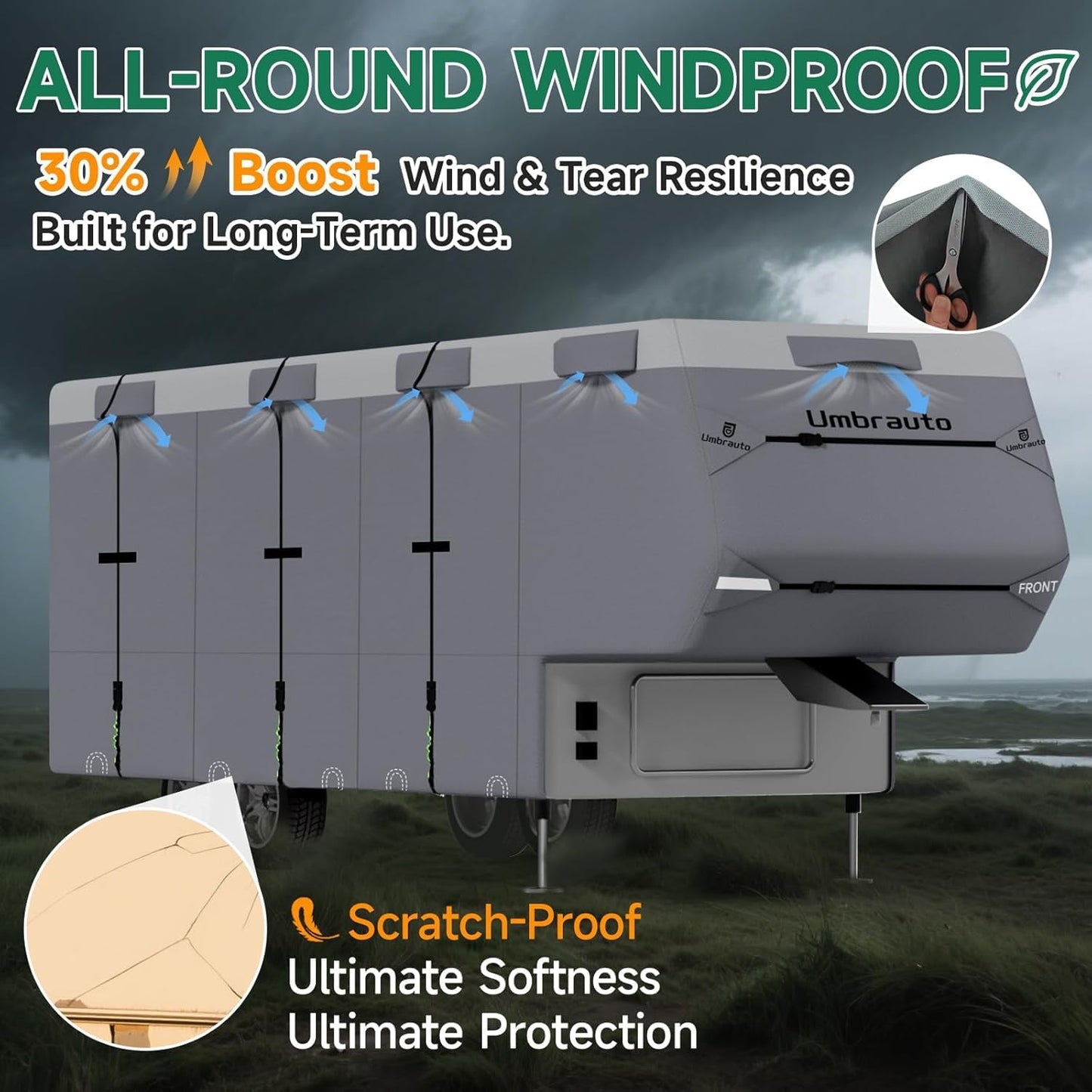 Umbrauto Class C RV Cover Fits 29-32’, Class C Motorhome Camper Cover, Heavy Duty 7 Layers Top Windproof Breathable RV Cover with 3Pcs Extra Straps, Adhesive Repair Patches, 6 Gutter Covers
