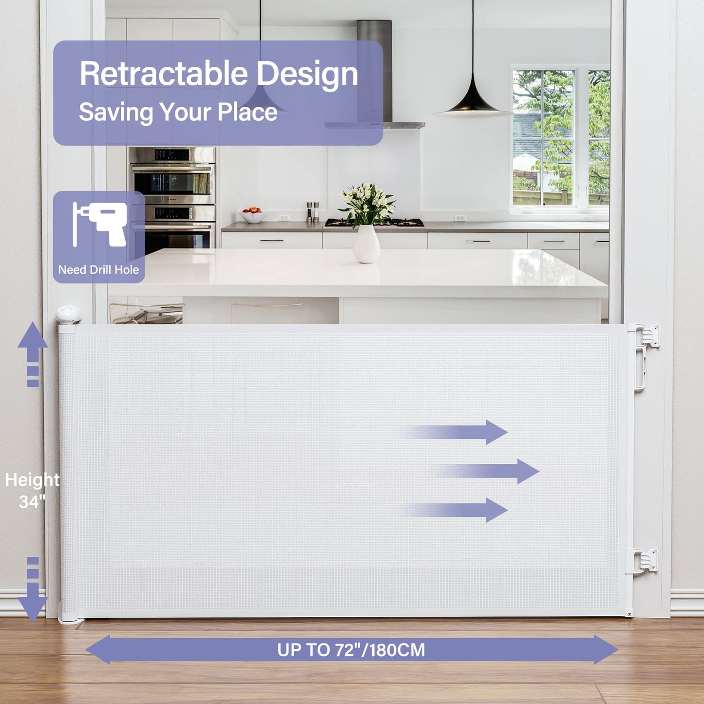 Retractable Baby Gates No Drilling, PRObebi Retractable Dog Gate for the House Extends to 54" Wide 33" Tall, Gates for Baby Indoor, Stair Gate for Outdoor, Staris, Hallways, Doorways, Deck, Porch