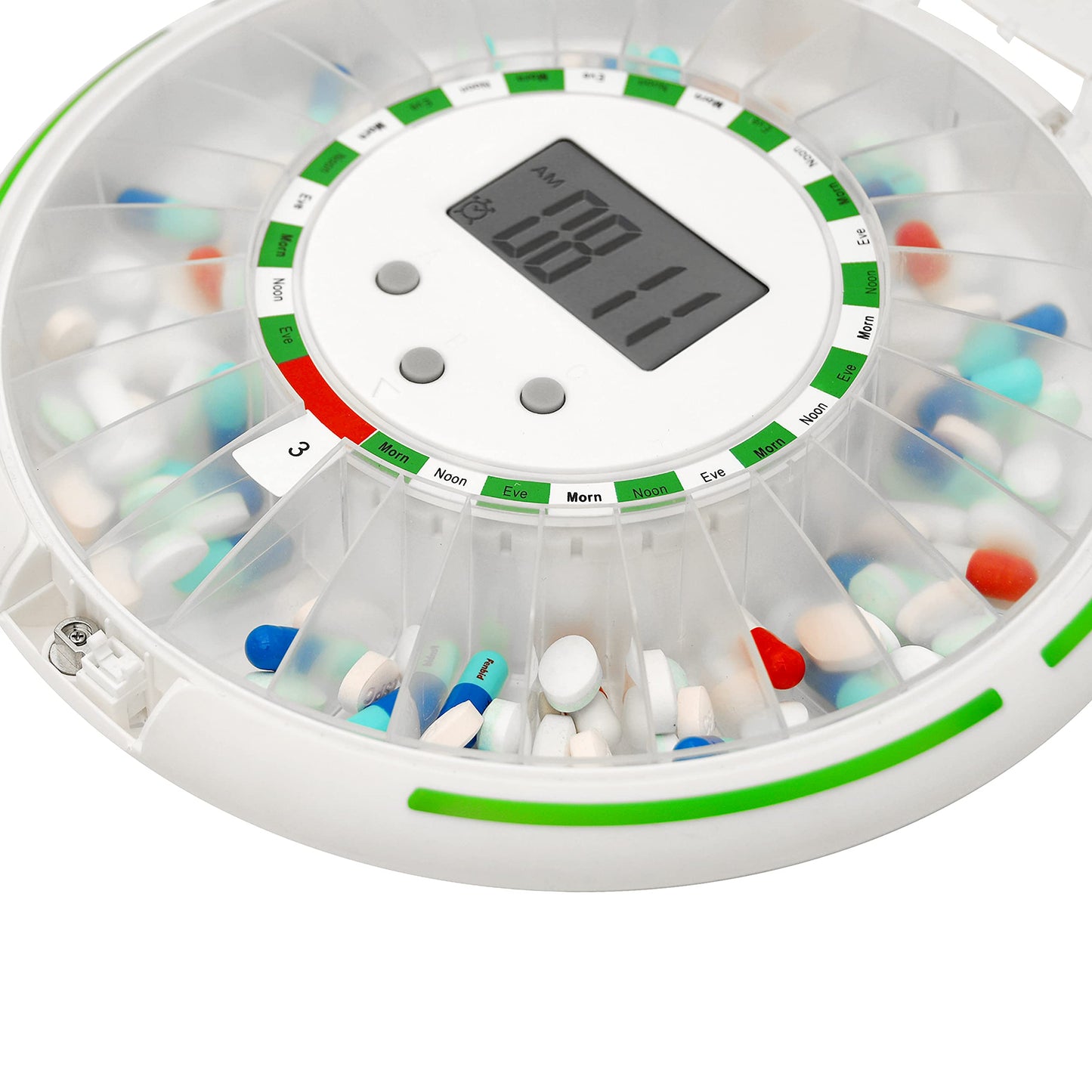 Automatic Pill Dispenser with Flashing Light, Sound, Alarm and Safety Lock, 28-Day Electronic Medication Organizer – Dispense Vitamins and Tablets Up 6 Times/Day – Easy Read Display (Frosted)