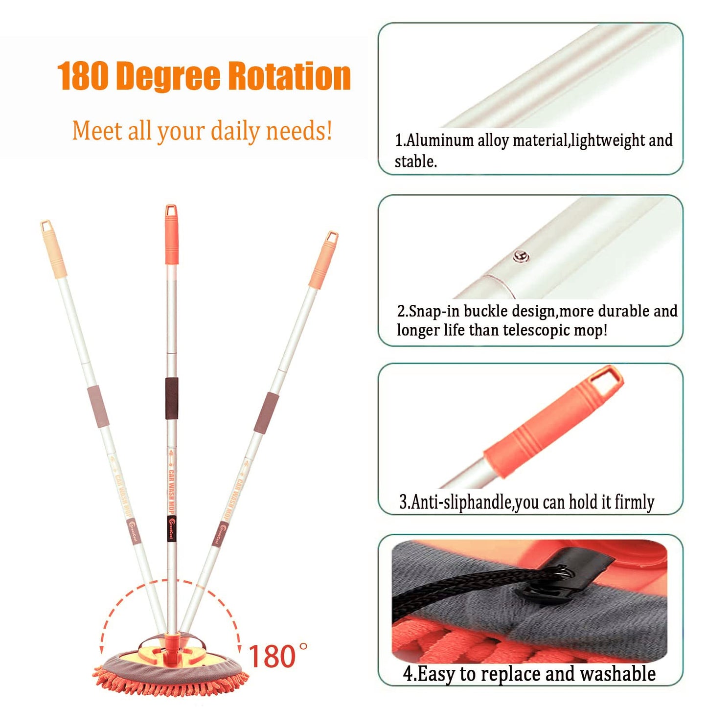 GreatCool 62" Autowaschbürsten-Mopp-Set mit langem Stiel, 2-in-1 Chenille-Mikrofaser-Schwamm-Waschhandschuh zur Reinigung und Pflege, Staubwedel zum Waschen von Autos, LKW, SUV, Wohnmobilen und für den Haushalt (2 x Moppkopf)
