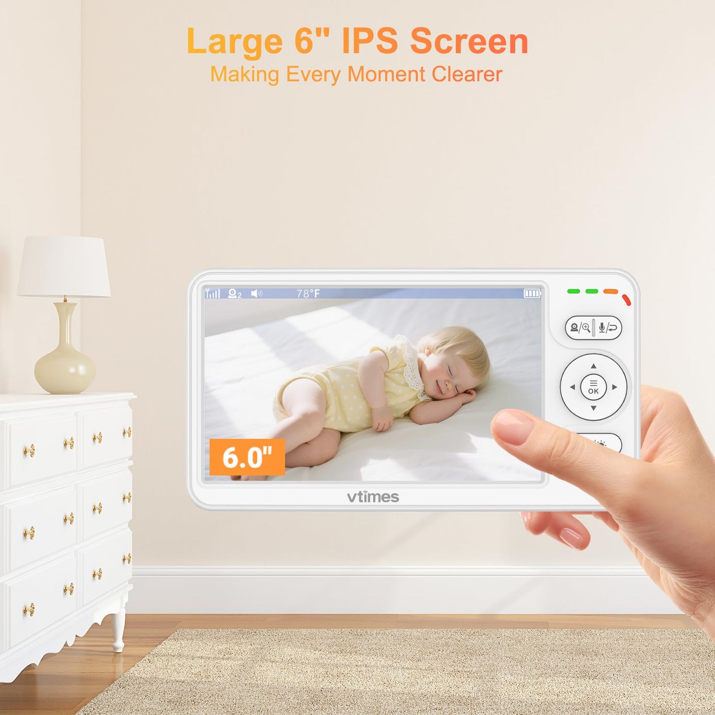 VTimes Baby Monitor with Camera and Audio, 6'' IPS Screen with 30-Hour Battery, Baby Monitor No WiFi Night Vision, ECO, 2-Way Audio, Pan-Tilt-Zoom, Baby Camera Monitor with 1000ft Range, Ideal Gift