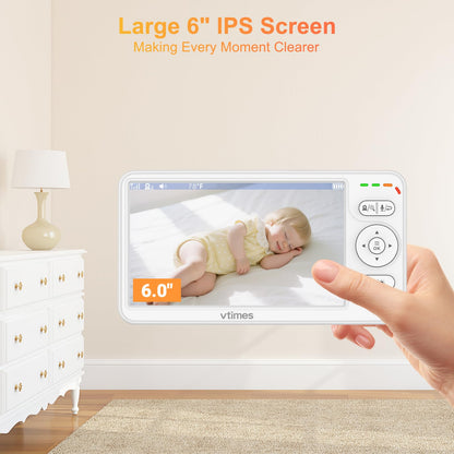 VTimes Baby Monitor with Camera and Audio, 6'' IPS Screen with 30-Hour Battery, Baby Monitor No WiFi Night Vision, ECO, 2-Way Audio, Pan-Tilt-Zoom, Baby Camera Monitor with 1000ft Range, Ideal Gift