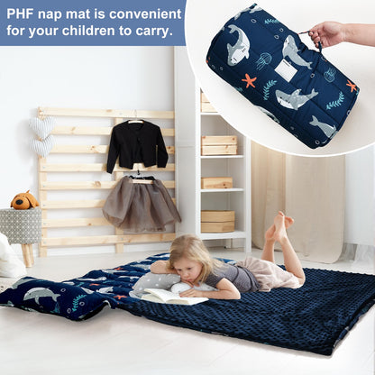 PHF Toddler Nap Mat with Removable Pillow and Minky Blanket, Rollup Design Kids Sleeping Mat, Slumber Bags for Boys, 55"x23" Toddler Sleeping Bag for Daycare Preschool Travel Camping, Space