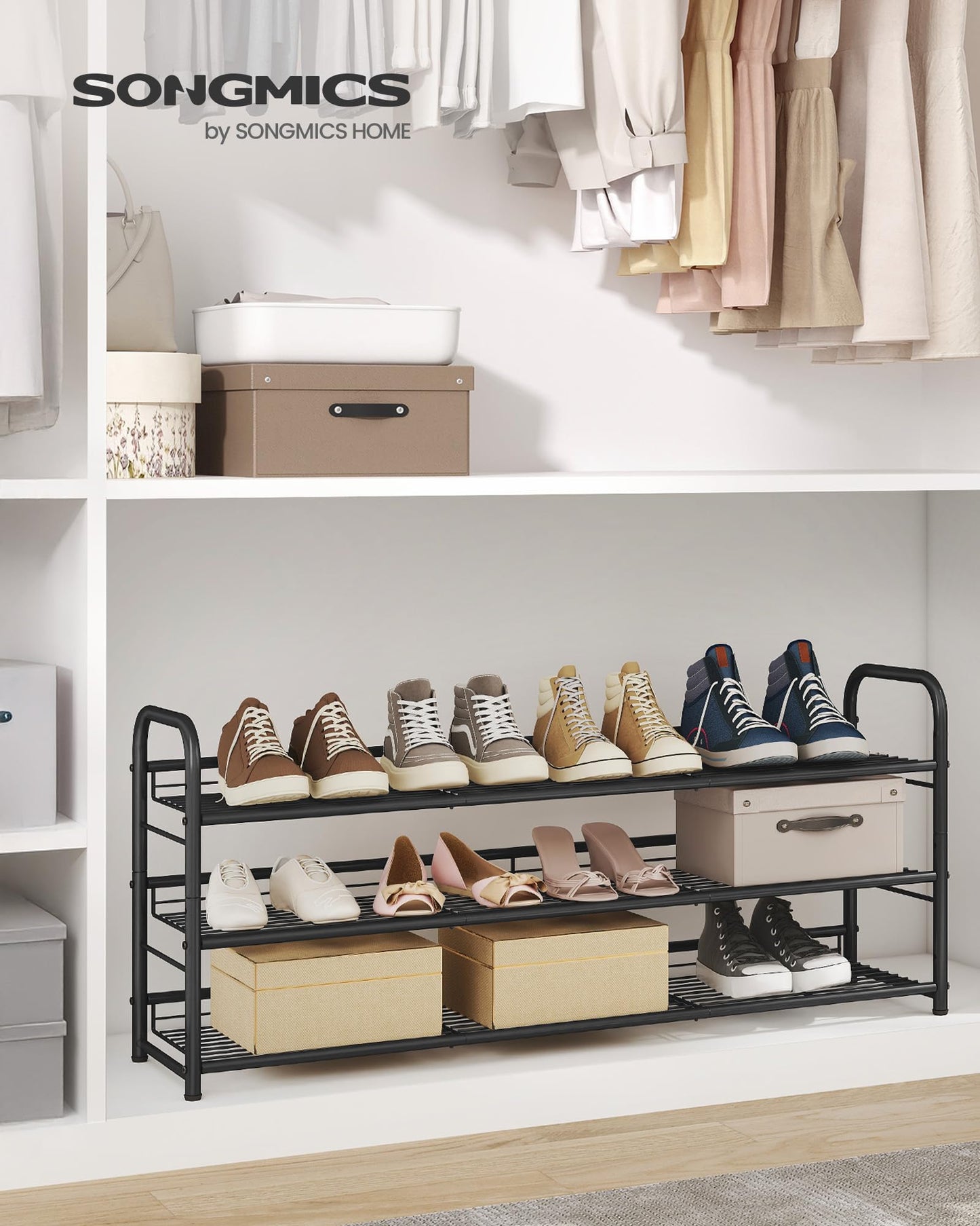 SONGMICS Stackable Shoe Rack, 4 Tier Metal Shoes Rack Storage Shelf, Holds up to 16 Pairs Shoes, Adjustable Slanted Shelves Tower Organizer for Closet Entryway Small Spaces, Bronze