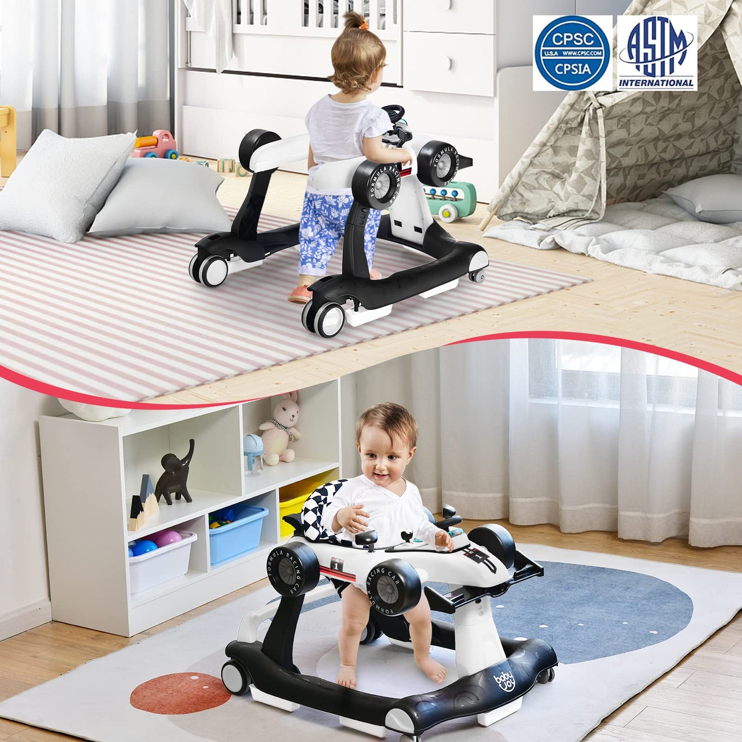 BABY JOY 4-in-1 Baby Walker, Foldable Activity Walker with Adjustable Height & Speed, Music, Lights, Anti-Rollover, Toddler Push Walker, Baby Walker with Wheels for Boys Girls 6-18 Months (Pink)