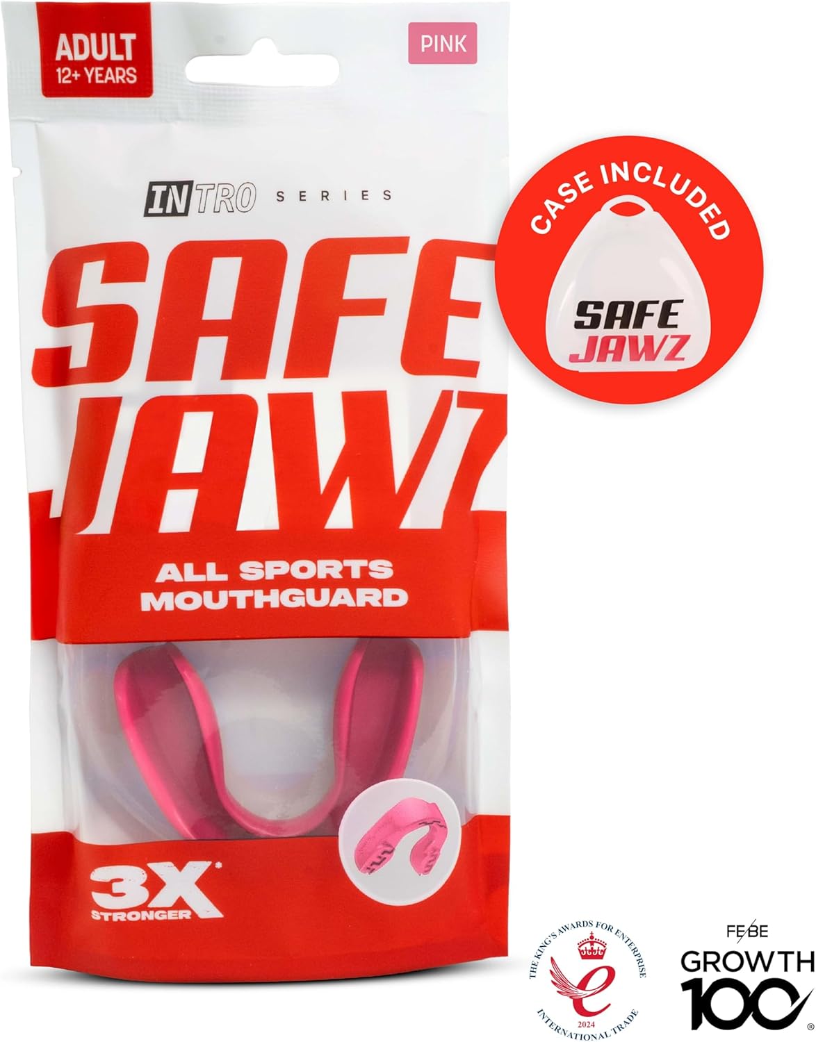 SAFEJAWZ Mundschutz, trägerlos, schlanke Passform, für Erwachsene und Jugendliche mit Etui für Boxen, Basketball, Football, MMA, Kampfsport, Hockey und alle Kontaktsportarten (Erwachsene (ab 12 Jahre), Transparent)