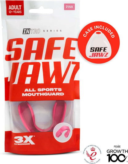 SAFEJAWZ Mundschutz, trägerlos, schlanke Passform, für Erwachsene und Jugendliche mit Etui für Boxen, Basketball, Football, MMA, Kampfsport, Hockey und alle Kontaktsportarten (Erwachsene (ab 12 Jahre), Transparent)