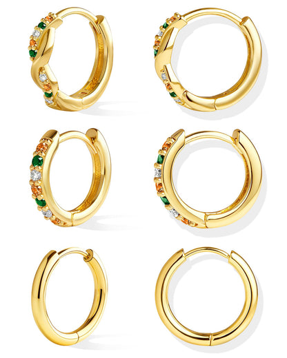 Inerney 14K Gold Plated Huggie Hoop Earrings for Women, Small Sterling Silver Earring Set Hypoallergenic Cartilage Helix Stacks, Mini Dainty Cute Trendy Birthstone Jewelry Gift for Multiple Piercings
