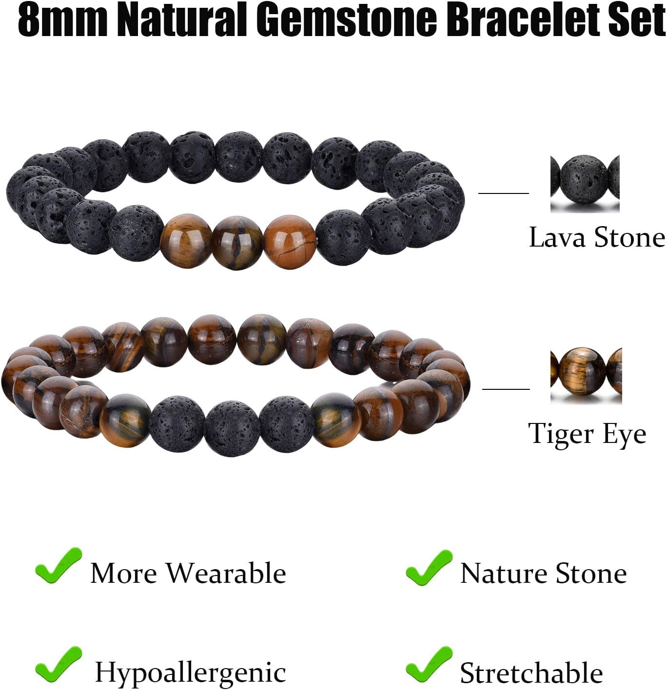 Tigerauge Armband für Herren 8MM Natursteinperlen Armband Set Stretch Lava Stein Armbänder Verstellbares Schwarzes Kristallperlenarmband für Herren Damen Geschenke