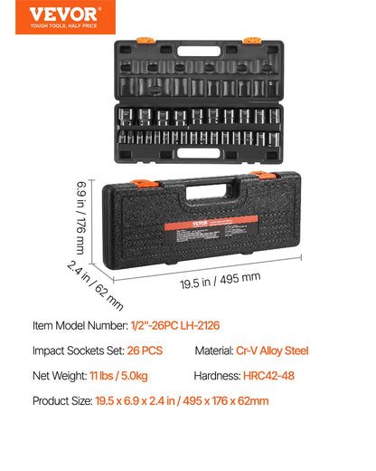 VEVOR 91-Piece 1/2" Drive Impact Socket Set, SAE (5/16" to 1-1/4") & Metric (8 to 32 mm), CR-V, Deep & Shallow, 6 Point, Ratchet Handle, Universal Joint, Adapters, Extension Bars (3, 5, 10 in)