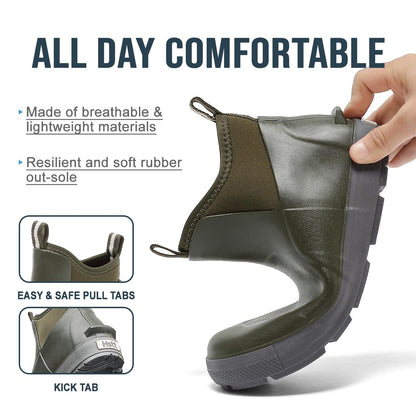 Men's Deck Boots, Waterproof Ankle Rain Boots with Anti-Slip Traction, Rubber Garden & Fishing Boots for Boating, Camping, Farming & Outdoor Work