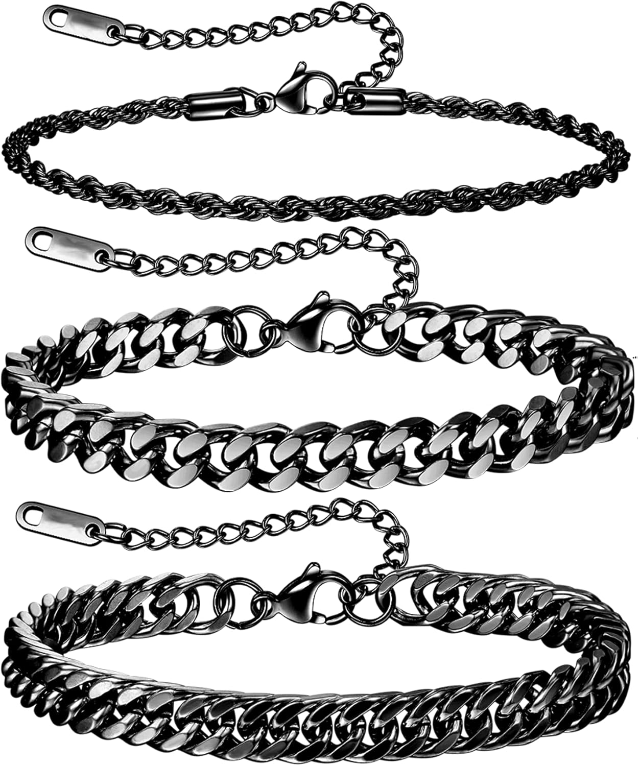 7.8+1.2 inches (20+3 cm)3pcs-black-rope/Figaro/Cuban