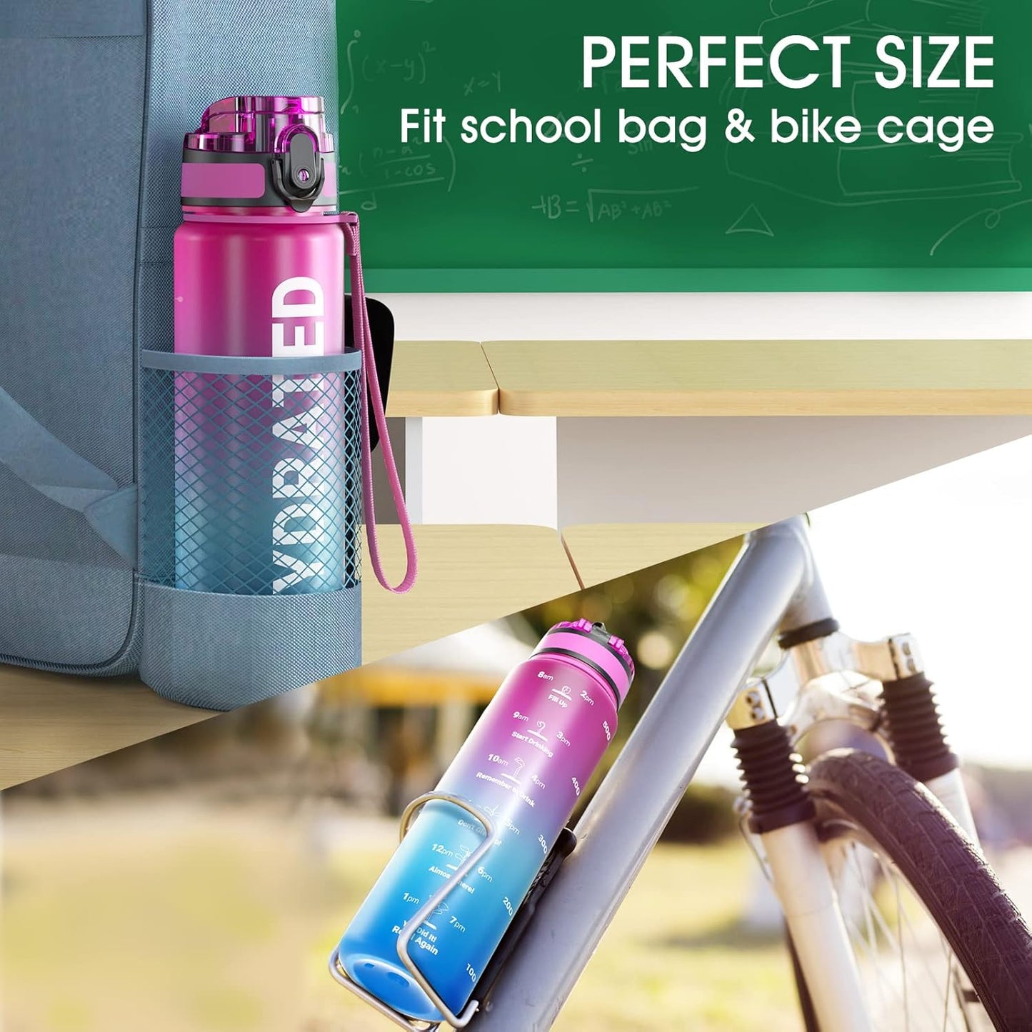 Sahara Sailor Trinkflasche, 950ml Motivations-Sportflasche mit Zeitmarkierung – Trinkzeiten – Tritan, BPA-frei, weite Öffnung auslaufsicher, Fast-Flow-Technologie mit Reinigungsbürste (1 Flasche)