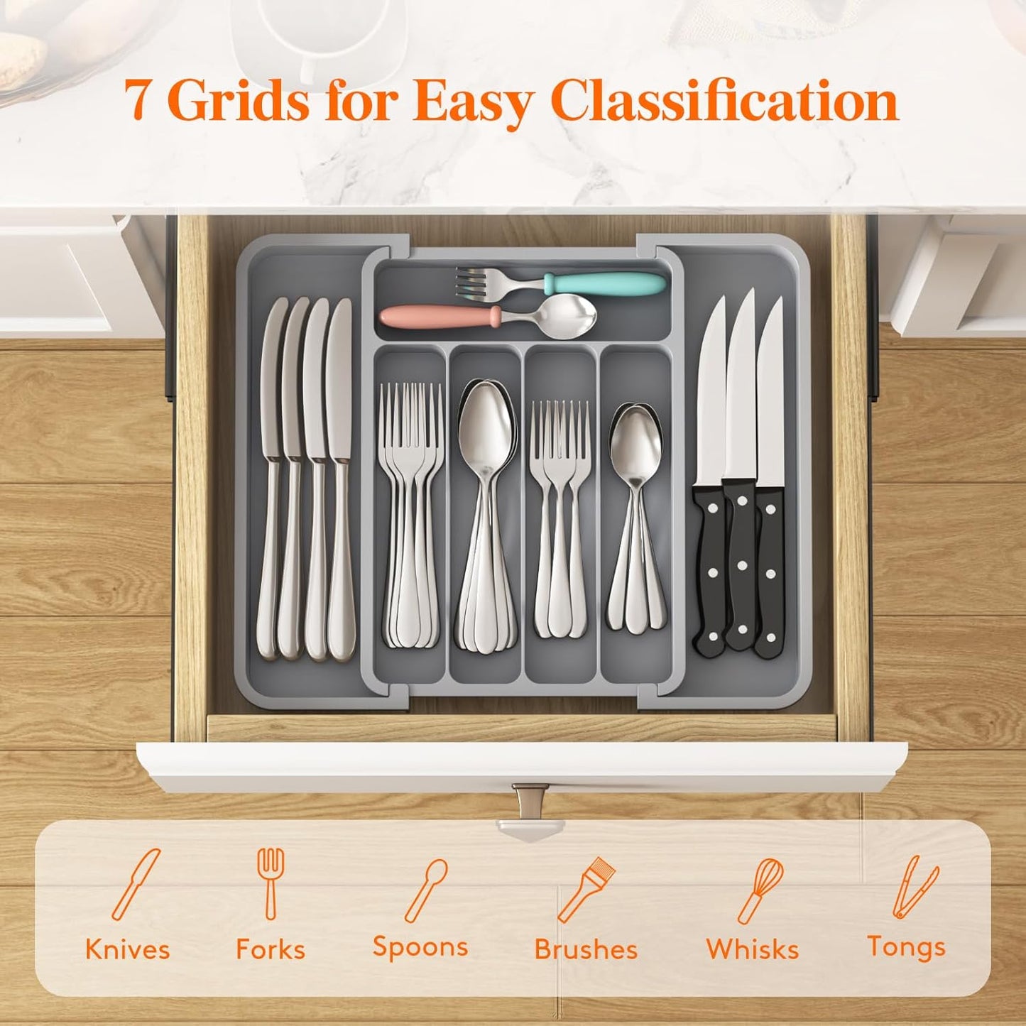 Lifewit Besteck Organizer, erweiterbarer Utensilien Organizer für die Küche, Utensilienhalter, verstellbarer Besteckkasten Schubladen Organizer für Löffel, Messer, Küchen Organizer und Aufbewahrung, Schwarz