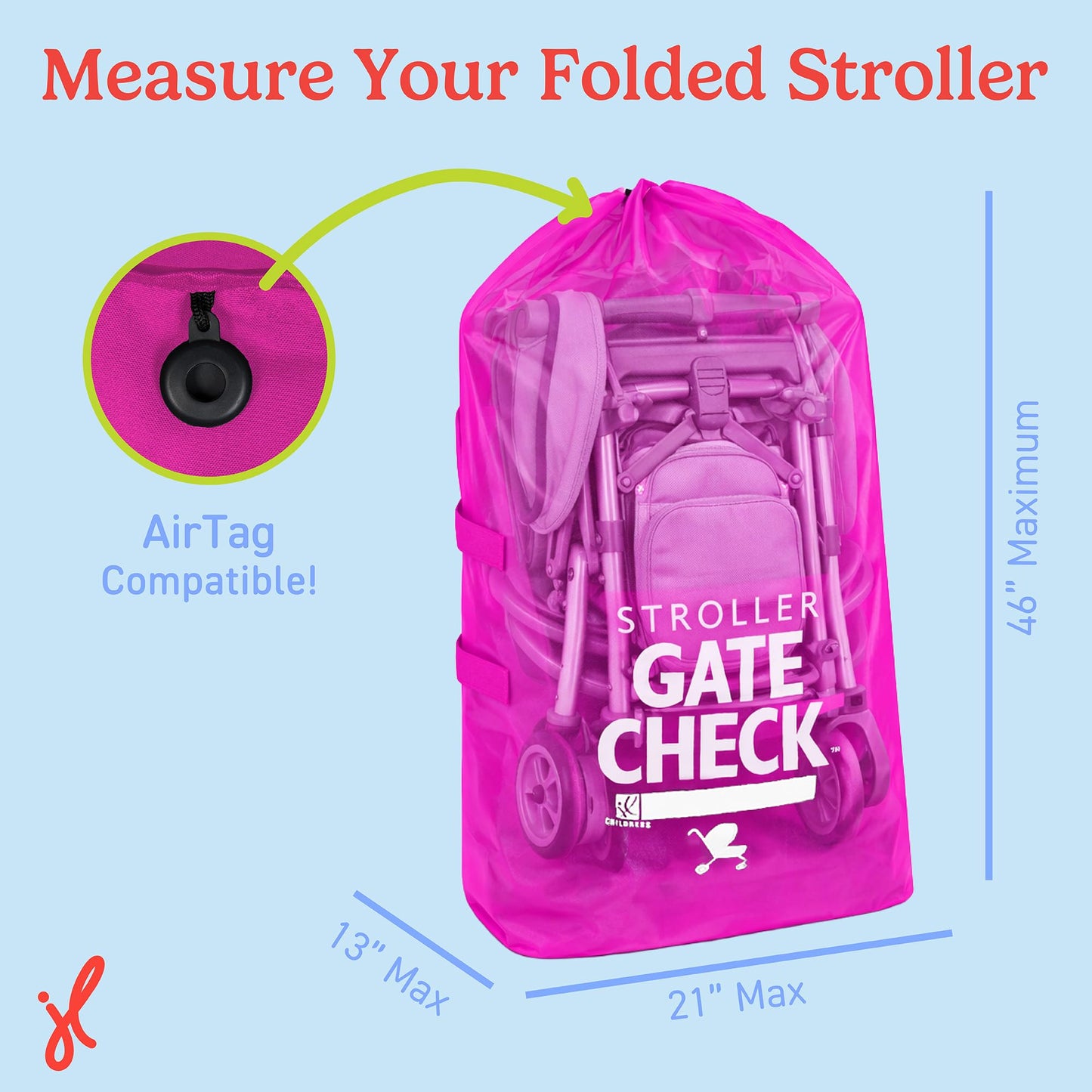 J.L. Childress Gate Check Bag for Single & Some Double Strollers - Travel Bag for Airplane, Fits Most Standard Baby Strollers, Airport Accessories Gate Check, Flying Essentials - Neon Blue