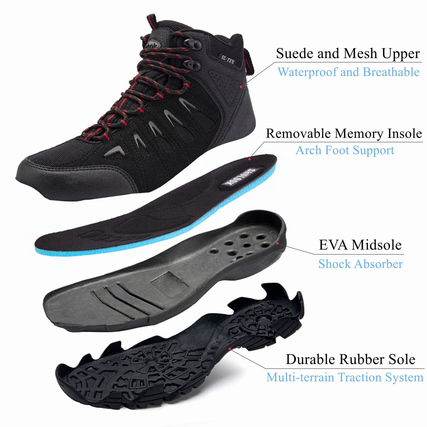 SHULOOK Men's Waterproof Hiking Boots Non-Slip Lightweight Mid Top Ankle Boot Breathable Hiker Trekking Shoes