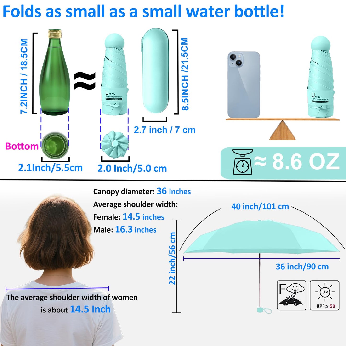 BAODINI Reiseutensilien Mini-Regenschirm für die Handtasche mit Etui Klein Kompakt UV-Sonnenschutz Leicht Winzig Tasche Manuelles Öffnen und Schließen Regenschirm für Damen, Kinder und Herren Passt in Handtasche Rucksack