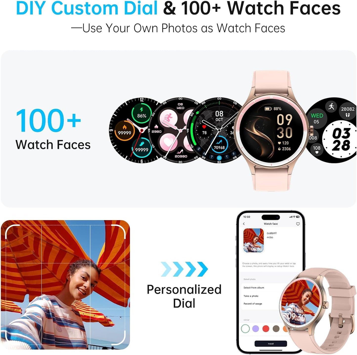 Smartwatch für Herren Damen, 1,27" HD Touchscreen Fitness Tracker, Bluetooth Anrufe, über 100 Sportmodi, Herzfrequenz-Schlafmonitor, DIY Zifferblatt, IP68 Wasserdicht, kompatibel mit Android & iOS