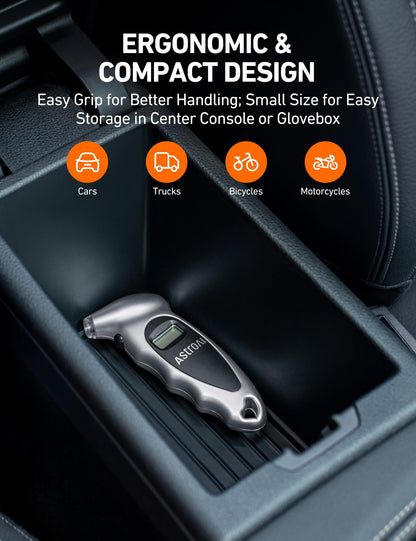 AstroAI Digital Tire Pressure Gauge with Replaceable AAA Batteries, 150 PSI 4 Settings Industrial Tire Gauge for Car Truck Bicycle Backlit LCD Non-Slip Grip Car Accessories(Black)