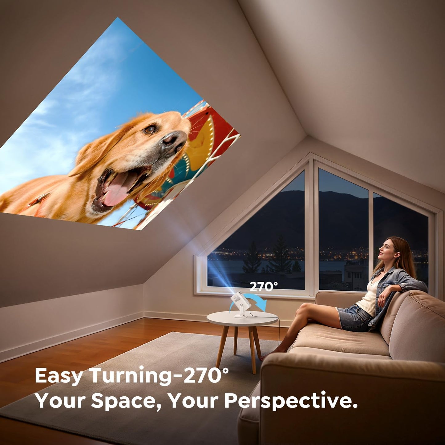 【Built-in Apps | Short Throw】Mini-Projector with WiFi6 and Two-Way Bluetooth5.4, 4K 1080P Support Portable-Projector, Auto Keystone 270° Rotation Outdoor Movie-Projecteur for Phone/HDMI/TV Stick,White