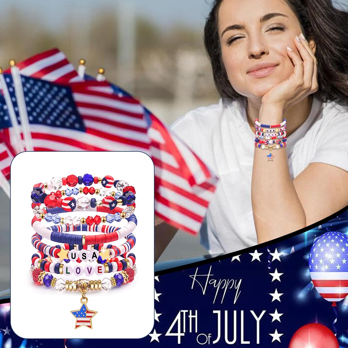 250 Anniversary USA Merchandise 4th of July Outfits for Women Men Teens Red White Blue Clay Beaded Stretch Bracelets USA Patriotic Jewelry 4th of July Accessories