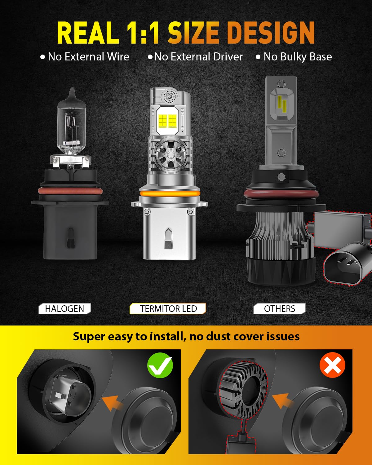 Termitor 2026 Upgraded H4/9003/HB2 Light Bulbs, 90,000LM 15X Super Bright Hi/Low Beam, 6500K Cool White H4 9003 Fog Lights, 1:1 Halogen Size Automotive Replacement IP68 Waterproof, Pack of 2