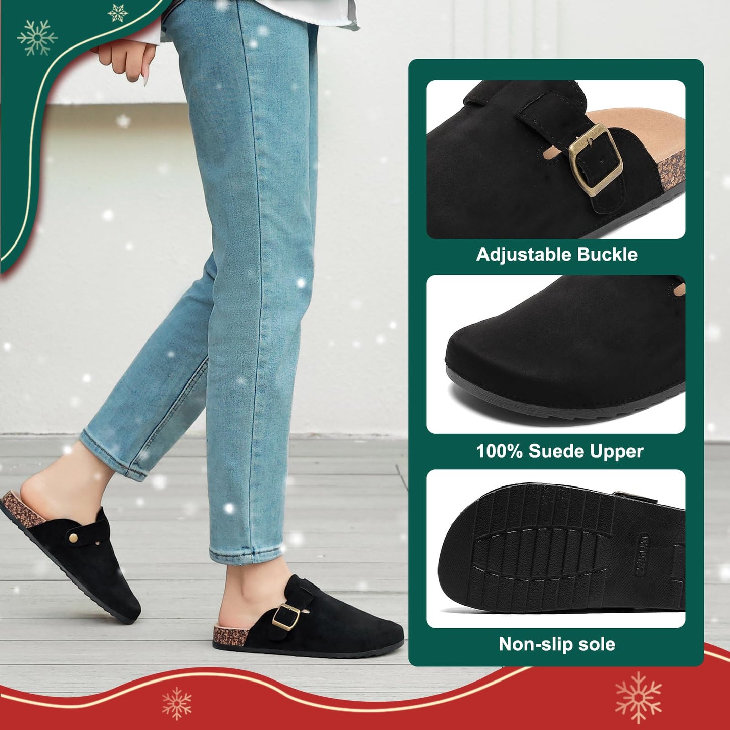 YorFotMae Women's Suede Clogs Mens Leather Mules Comfort Cork Footbed Antislip House Sandals Arch Support Potato Shoes with Adjustable Buckle