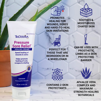 TriDerma MD Pressure Sore Relief Healing Cream for Bed Sores, Pressure Sores, Wound Healing, Chafed Skin and Hard-to-Heal Skin Sores with Calendula and AP4 Aloe Vera Gel, 4 oz Tube