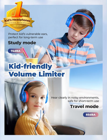iClever Kinderkopfhörer für Schule und Reisen, sichere Lautstärkebegrenzung, HD-Mikrofon, Stereo-Sound Over-Ear-Kopfhörer für Mädchen und Jungen, FunShare Faltbar, 3,5 mm kabelgebunden für iPad Computer, HS19