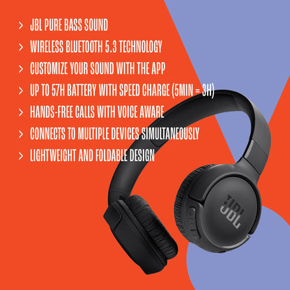 JBL Tune 520BT - Kabellose On-Ear Kopfhörer, bis zu 57 Stunden Akkulaufzeit und Speed Charge, leichtes, bequemes und faltbares Design, Freisprechanrufe mit Voice Aware (Schwarz)