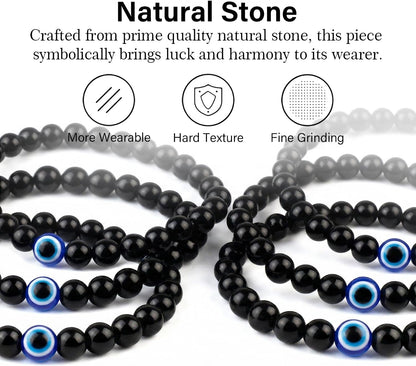 6 mm Böses Auge Armband aus schwarzen Kristallen – verstellbares Set aus Natursteinen für Herren und Damen, Schutzamulett als Geschenk für den Alltag/Geburtstag/Jahrestag