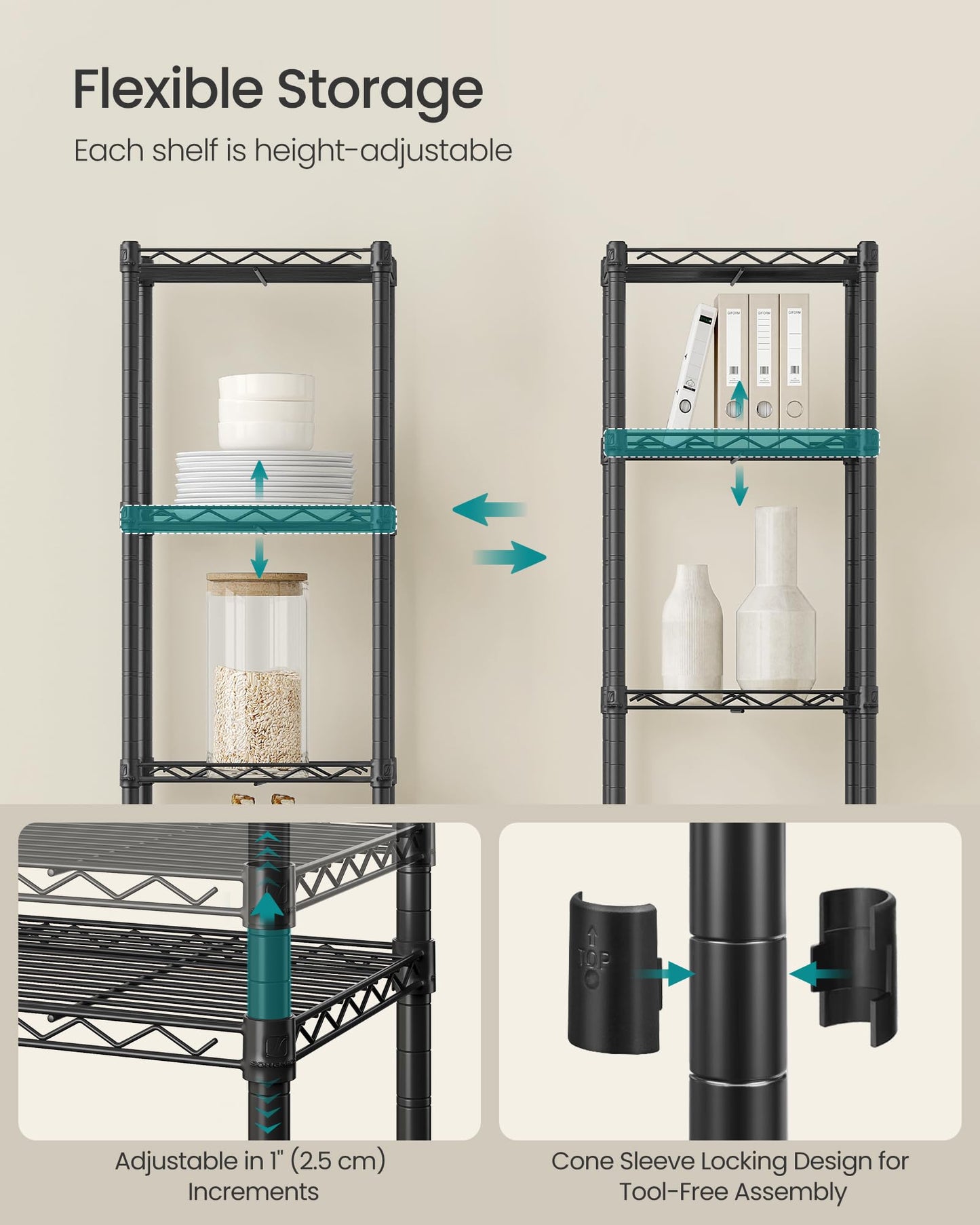 SONGMICS Storage Shelf, Small Metal Wire Shelving Unit, Adjustable Shelves, for Small Spaces, Garage, Bedroom, Living Room, Kitchen, Pantry, 5 Tier, 11.8 x 11.8 x 47.6 Inches, Ink Black ULGR123BH01
