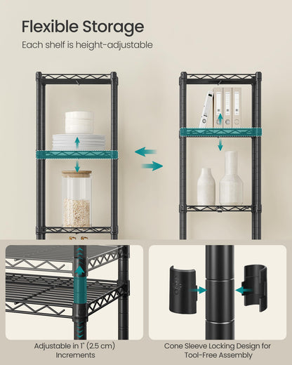 SONGMICS Storage Shelf, Small Metal Wire Shelving Unit, Adjustable Shelves, for Small Spaces, Garage, Bedroom, Living Room, Kitchen, Pantry, 5 Tier, 11.8 x 11.8 x 47.6 Inches, Ink Black ULGR123BH01