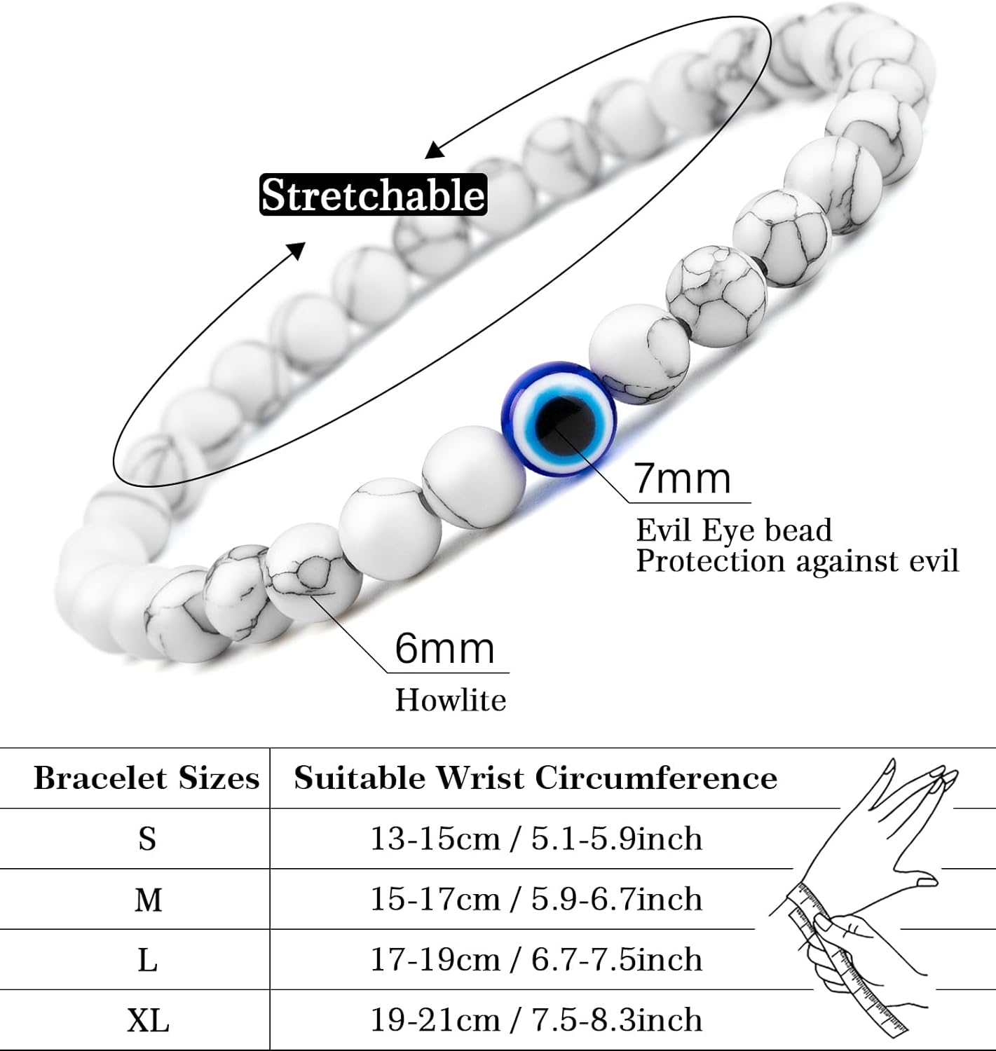 6 mm Böses Auge Armband aus schwarzen Kristallen – verstellbares Set aus Natursteinen für Herren und Damen, Schutzamulett als Geschenk für den Alltag/Geburtstag/Jahrestag