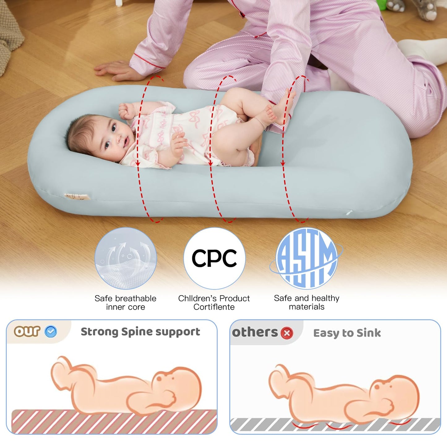 Lucakuins Baby Lounger, Bionic Design Baby Lounger for Newborn 0-24 Months, Soft Organic Cotton Breathable Lounger for Infants (Lovely Green)