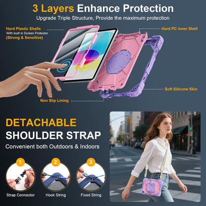 Case for iPad A16 11th Generation 11 Inch 2025, Auorld for iPad 10th Generation 10.9 inch 2022 case with Screen Protector, 360 Degree Rotating Stand Shoulder Strap Pencil Holder, Navy Pink